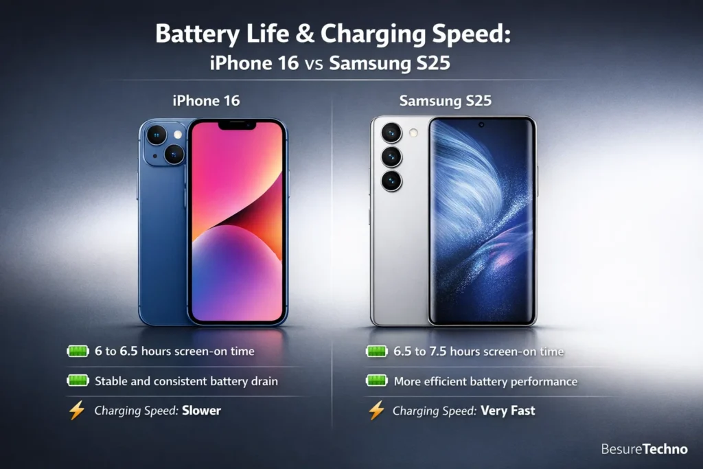 batttery life and charging speed of iphone 16 vs samsung s25 batttery life and charging speed of iphone 16 vs samsung s25